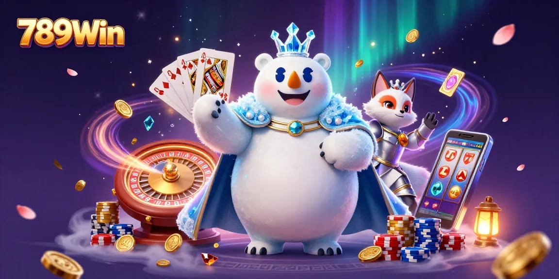 Win big at 789Win with a polar bear king amidst cascading coins and vibrant gaming elements.
