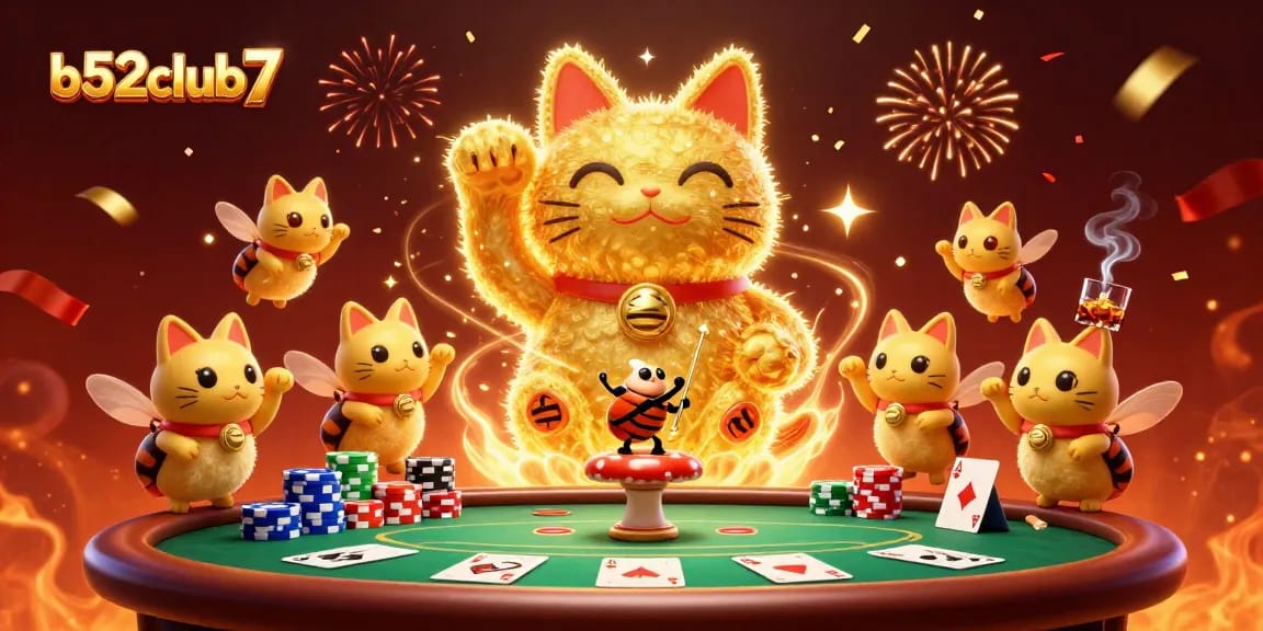 Join the excitement at b52club7 with a dynamic scene featuring a lucky cat and vibrant casino elements.