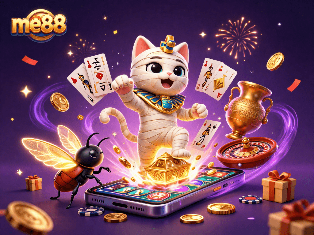Experience thrilling gaming at me88 with a vibrant scene of an Egyptian mummy cat and a beetle amidst slot games and casino elements.