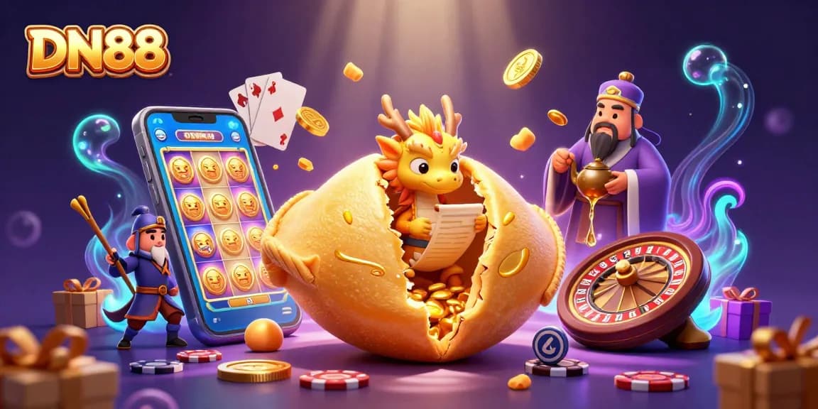 Experience the thrill of winning at DN88 with cartoon characters, slot games, and golden fortune elements.