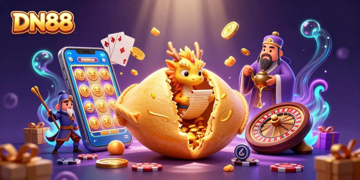 Experience the thrill of winning at DN88 with cartoon characters, slot games, and golden fortune elements.