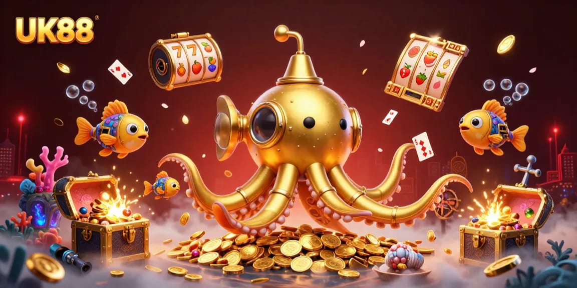 Engage with UK88’s thrilling underwater casino adventure, featuring golden kraken and treasure.