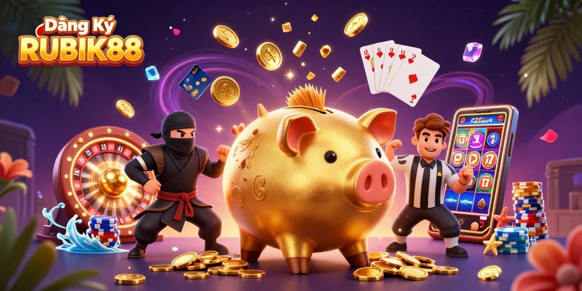 Experience Đăng Ký RUBIK88 with our vibrant online casino illustration featuring dynamic gameplay elements and charismatic characters.