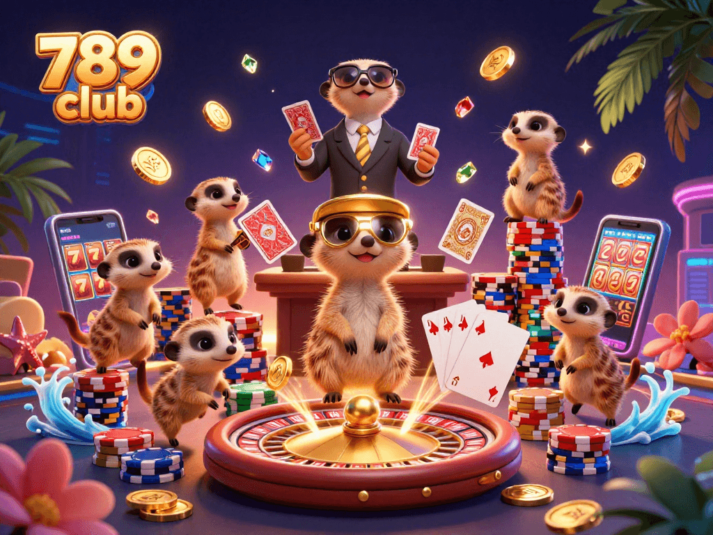 Engage in the thrilling world of 789 club with lively meerkats orchestrating a vibrant casino scene.