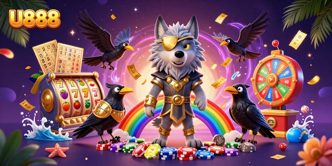 Engage with U888 through a vibrant 3D illustration showcasing exciting casino elements and mythical characters.