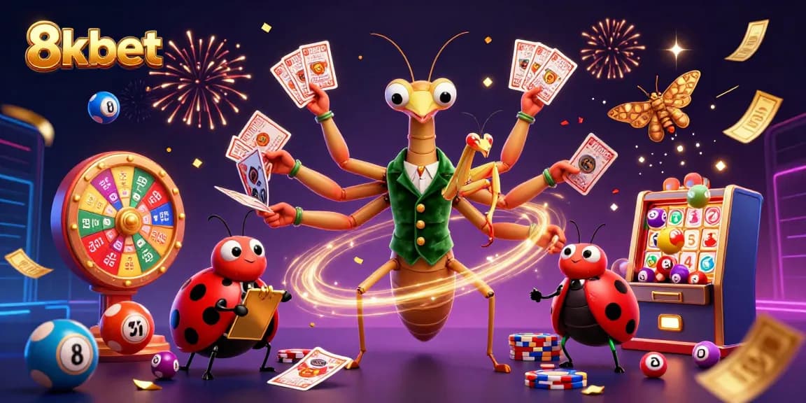 Experience the excitement of 8xbet with vibrant lottery balls and dynamic casino characters.