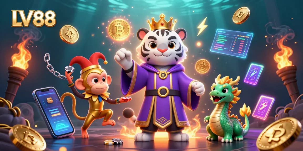 LV88 showcases an exciting casino world with a royal tiger, playful monkey, and jade dragon surrounded by glowing cryptocurrency elements.