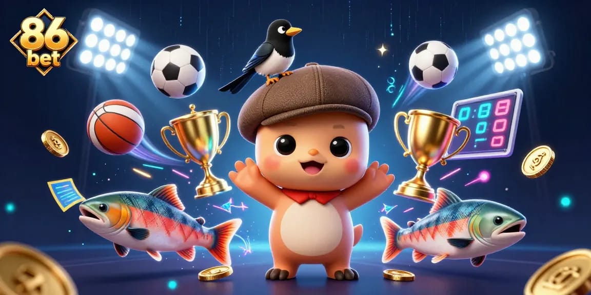 Engage with exciting 86 bet gaming action as colorful characters celebrate sports betting.