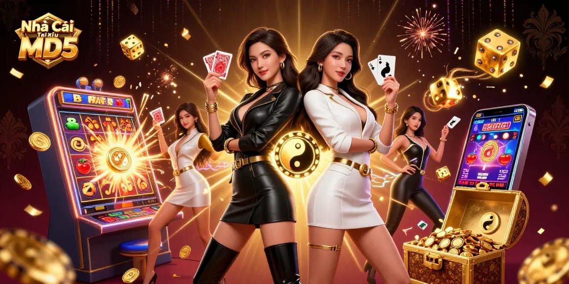 Experience the excitement of Nhà Cái Tài Xỉu MD5 with stunning twin Asian women showcasing loaded playing cards and dynamic casino elements.