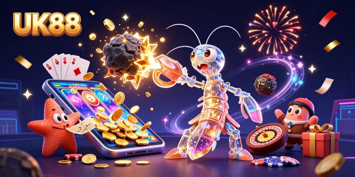 Experience thrilling gameplay at UK88 with the galactic samurai and starfish amid exploding gems.