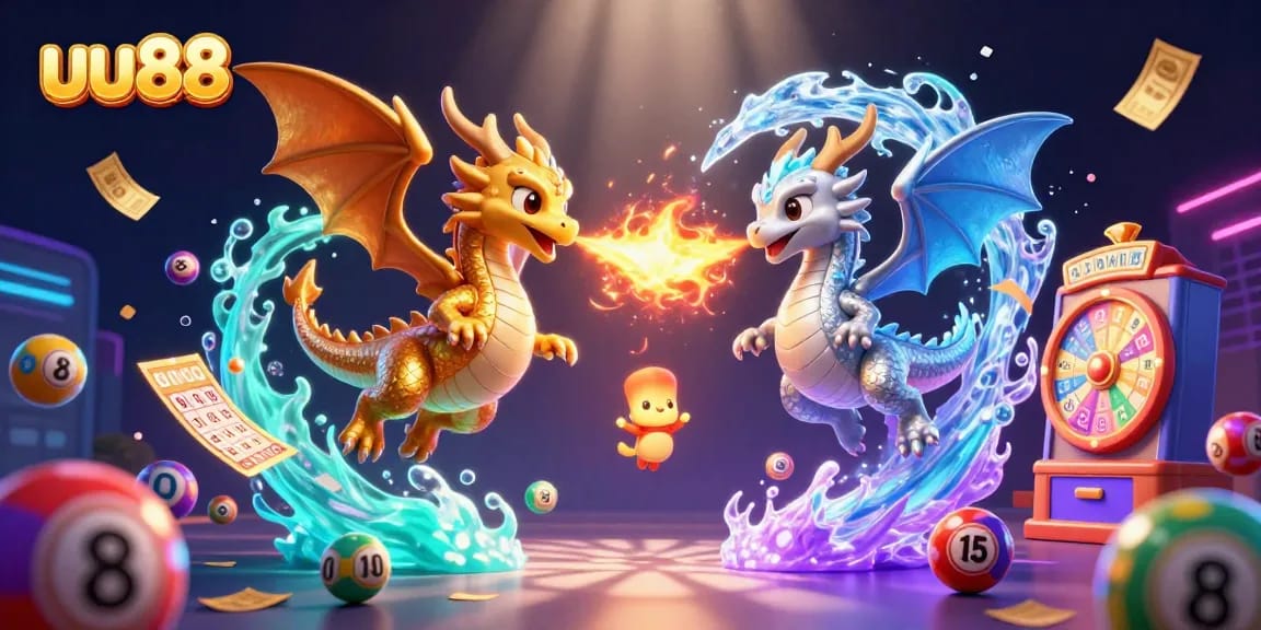 Engage with uu88's vibrant lottery experience, featuring gold and silver dragons amidst dynamic game elements.