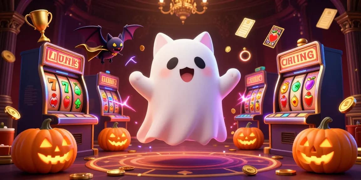 Engaging illustration showcasing f8betv1 with a ghostly cat and casino elements for an exciting online gambling experience.