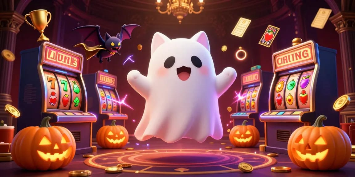 Engaging illustration showcasing f8betv1 with a ghostly cat and casino elements for an exciting online gambling experience.