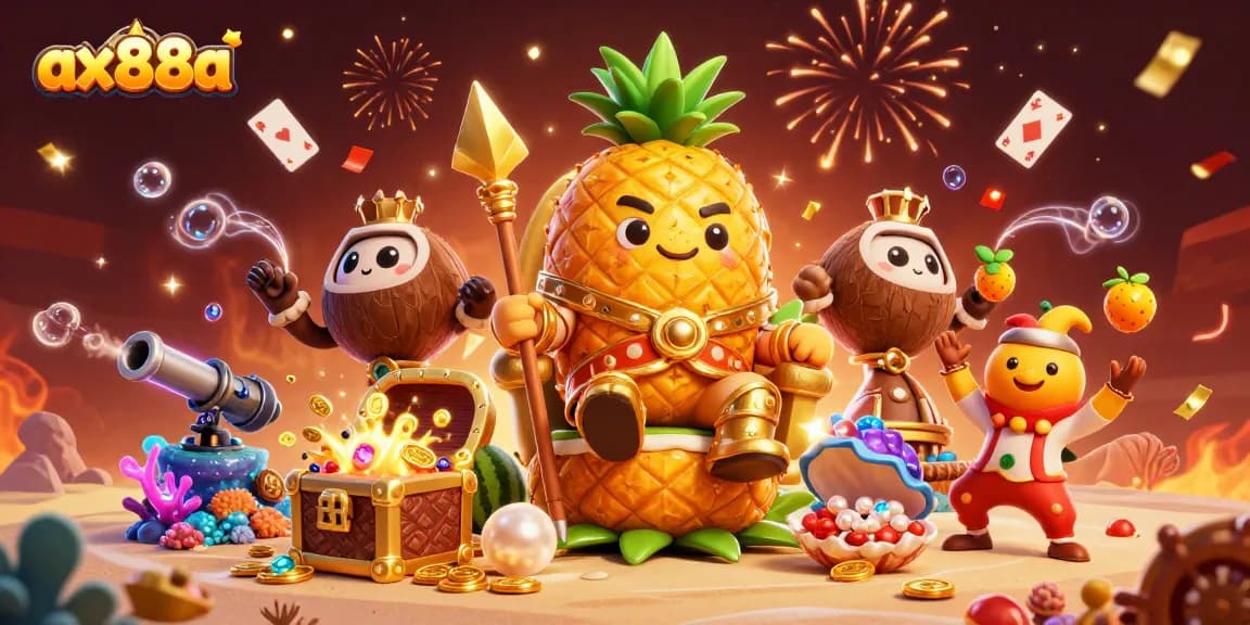 Experience high-stakes fun at ax88a with the golden pineapple king amidst a vibrant beach casino scene.