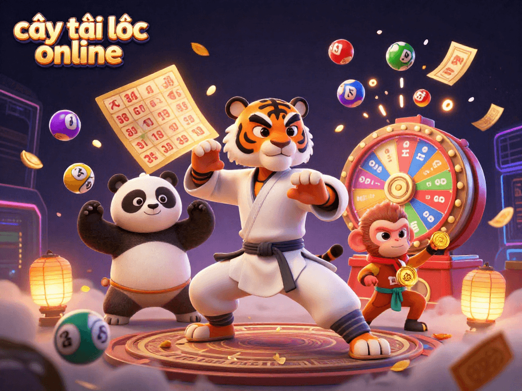 Engaging scene of cây tài lộc online featuring a kung fu tiger, panda disciple, and monkey stealing a medal while surrounded by vibrant game elements.
