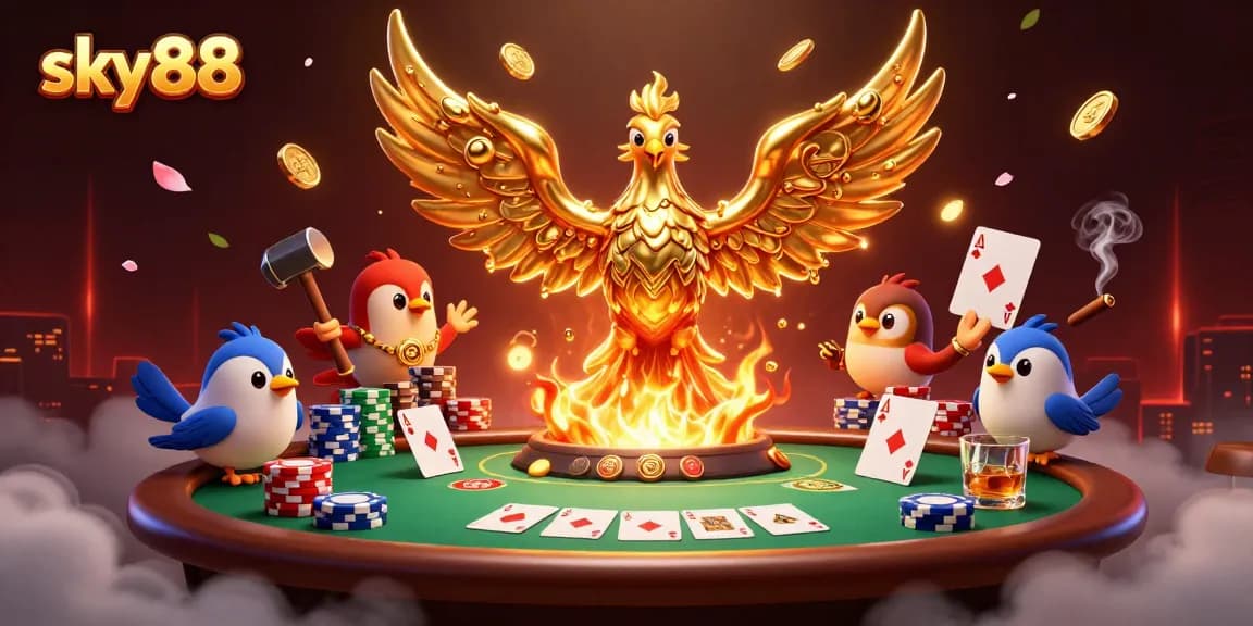 Engage with the vibrant sky88 casino scene featuring a golden phoenix, poker elements, and dynamic lighting.