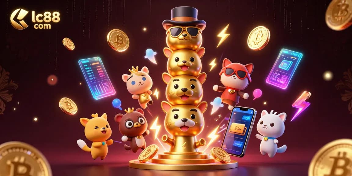 Experience thrilling gameplay at lc88 com with vibrant casino-themed 3D art showcasing crypto elements.