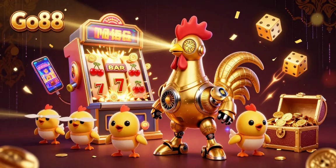 Engage in Go88 gaming excitement with vibrant slot machines and a futuristic rooster robot!