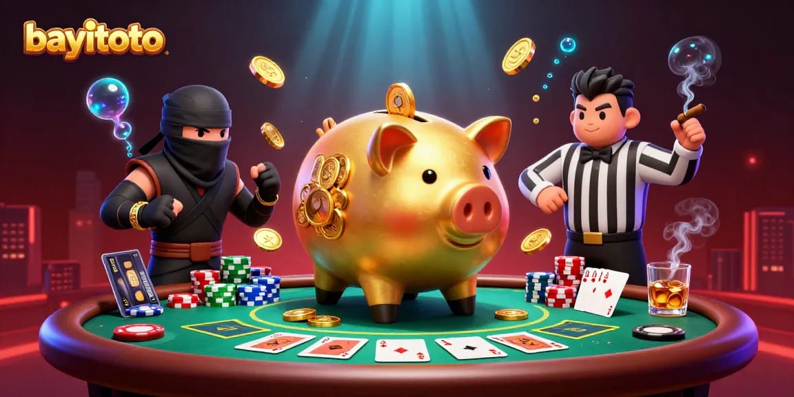 Spin the reels with bayitoto in an immersive casino scene featuring colorful poker elements.