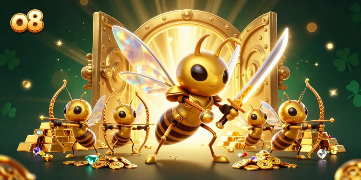 Engage with exciting gaming opportunities at O8's vibrant casino, featuring dynamic characters and treasure elements.