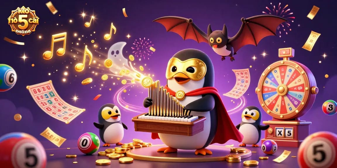 Kèo nhà cái 5 online showcases a vibrant 3D scene with a phantom penguin and lottery elements.