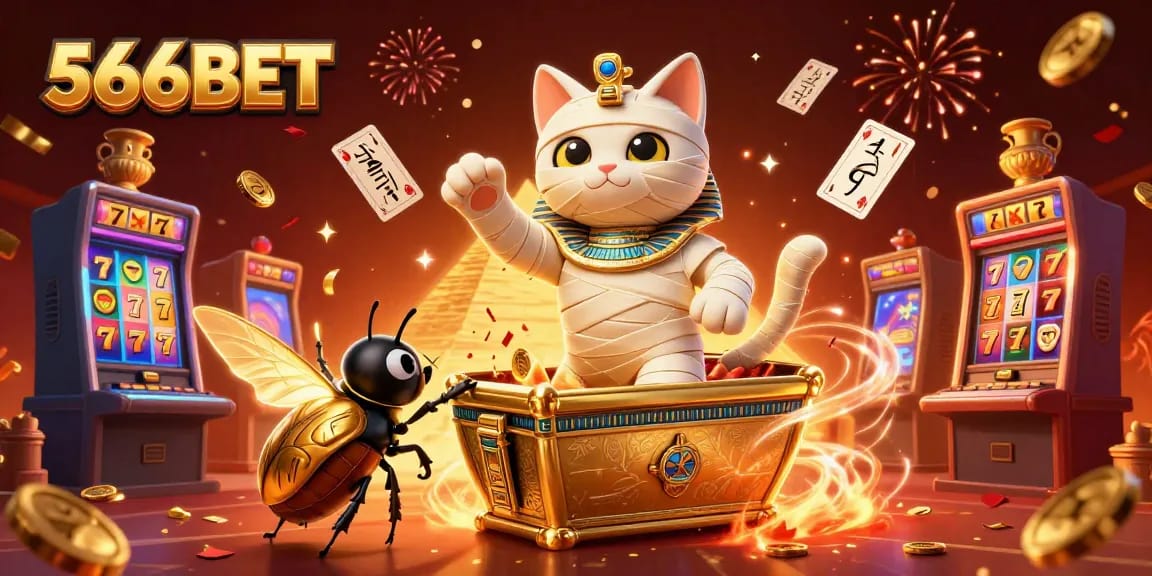Join the excitement at 566BET with a stunning scene featuring a 3D Egyptian mummy cat and glorious casino elements.