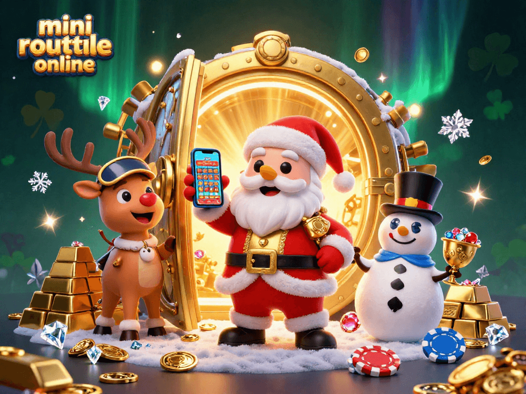 Engage in thrilling mini roulette online with Santa, reindeer, and snowman in a lively casino scene.