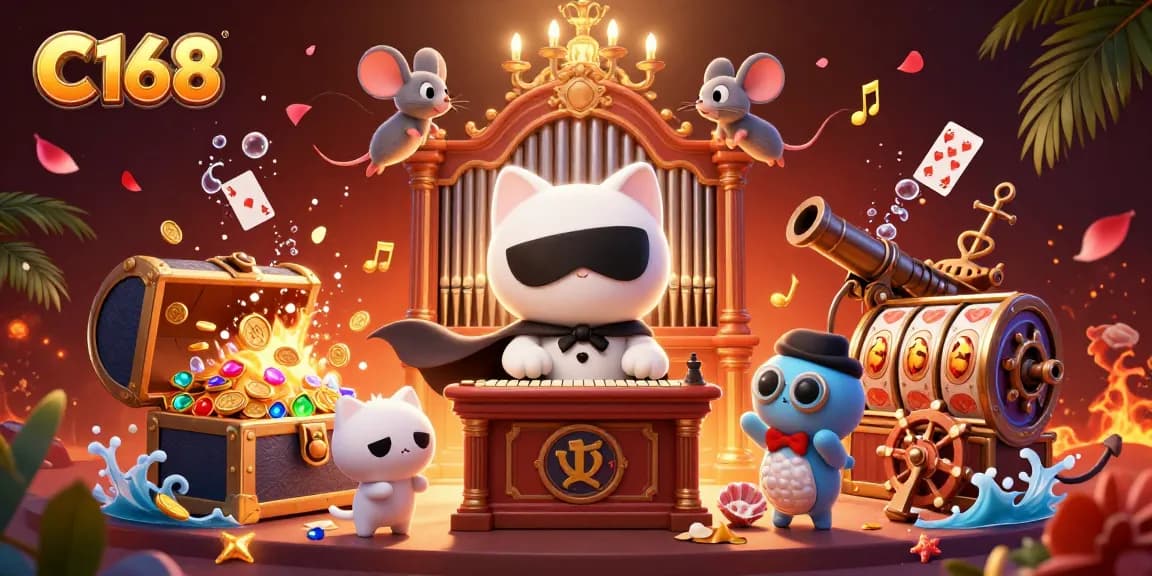 Engage with C168’s casino thrill featuring a masked cat and mouse acrobat amidst vibrant game elements.