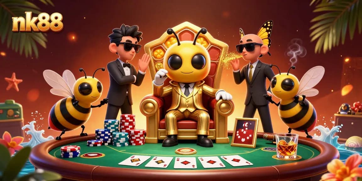 Experience thrilling poker action with nk88 and a vibrant casino atmosphere in this detailed digital illustration.