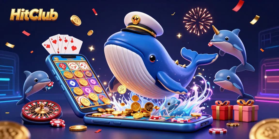 HitClub's vibrant gaming features showcased by a whimsical whale, narwhal, and dolphins amidst casino elements.