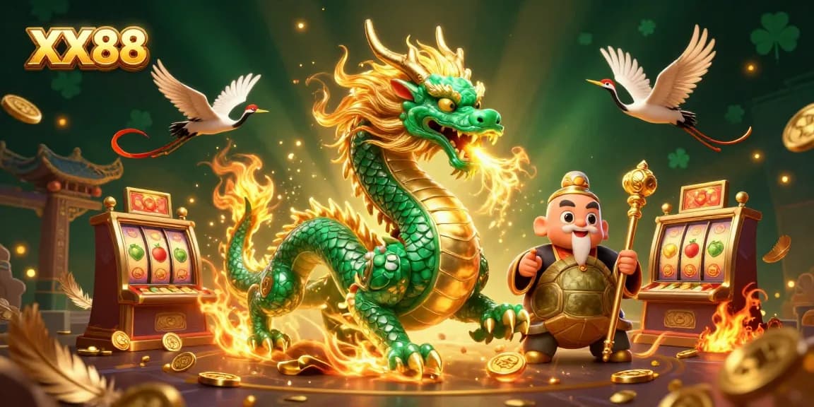 Experience the exotic world of XX88 with a dragon, turtle sage, and lucky cranes in dynamic online casino action.