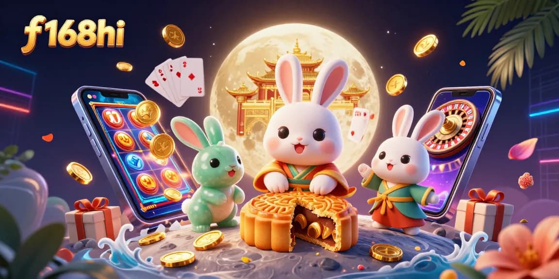 Experience exciting gameplay at f168hi with this vibrant casino themed illustration featuring moon rabbits and gaming elements.