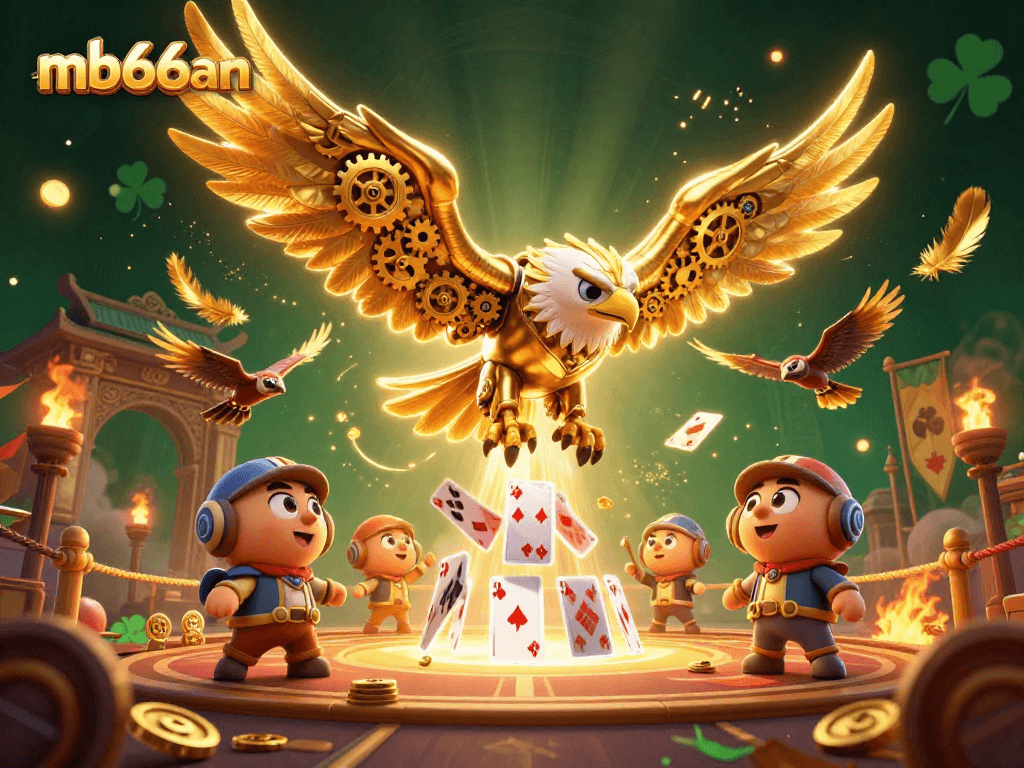 Engage with mb66an in an energetic scene of a golden eagle and holographic cards amidst a vibrant casino backdrop