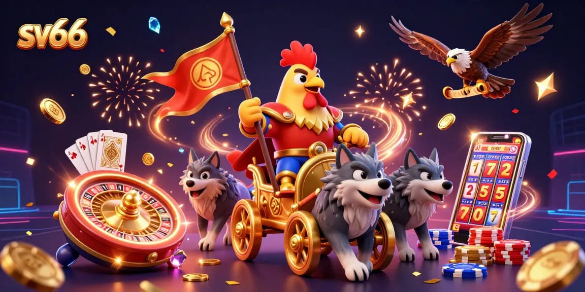 Join the action at sv66 with a lively 3D illustrated scene of a rooster warlord and gaming excitement.