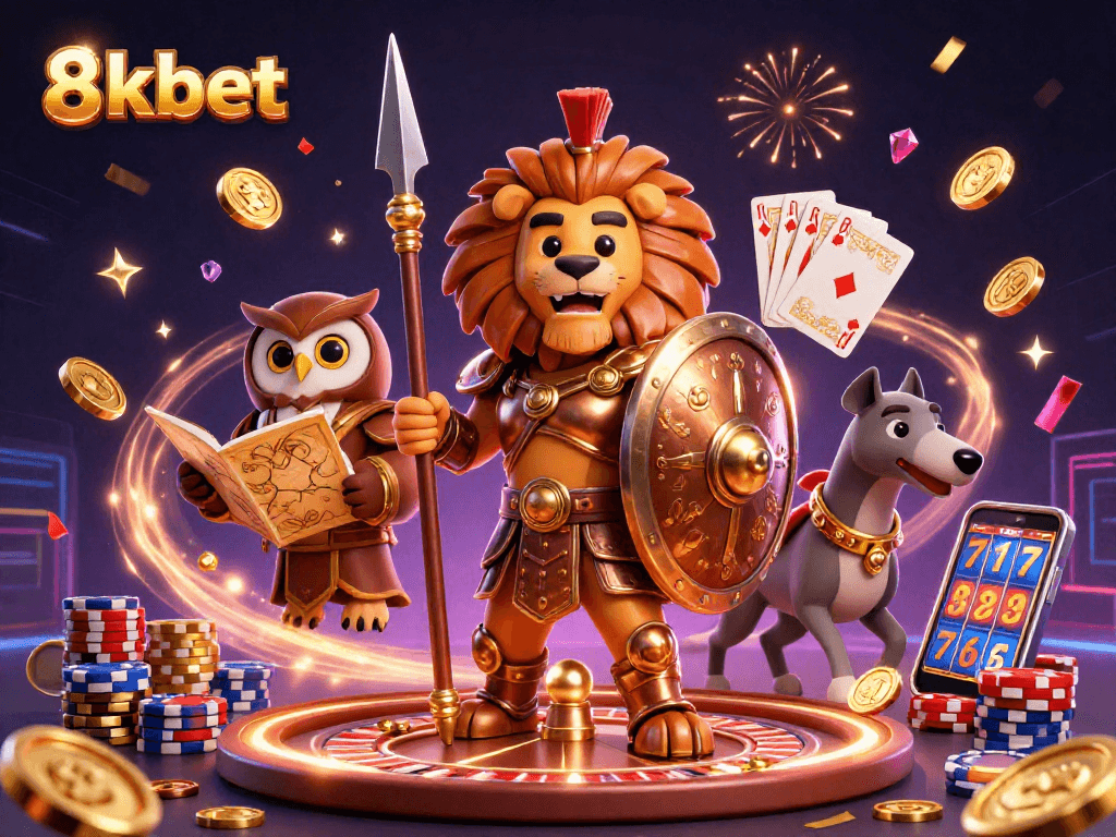Experience thrilling game action with 8kbet as you navigate a vibrant casino scene filled with dynamic elements and characters.