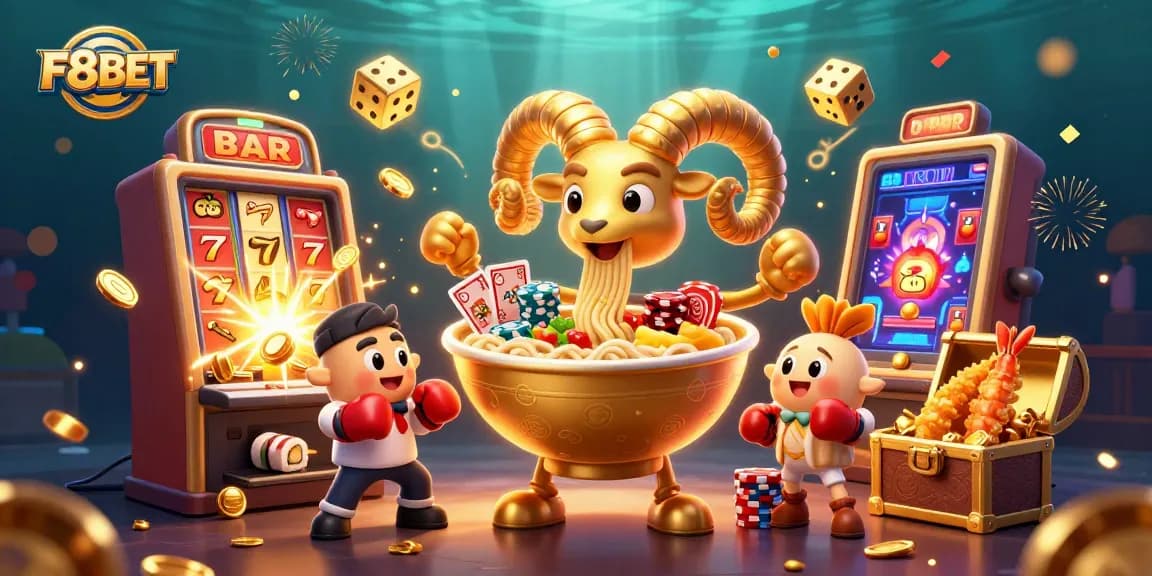 Experience the excitement of F8BET with this vibrant casino-themed scene featuring playful characters and jackpots.