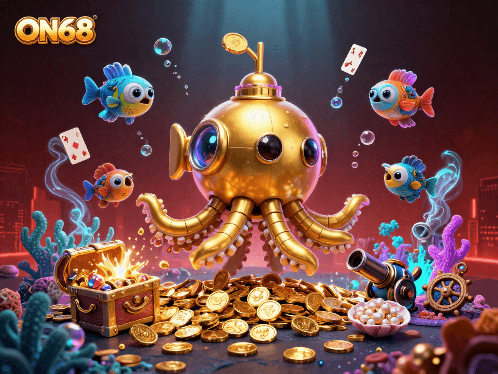 Experience thrilling adventures at ON68, where the golden kraken submarine surfaces among treasures and mechanical fish in a vibrant underwater scene.