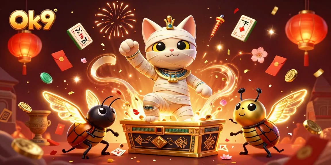 Engage with Ok9's thrilling gaming experience featuring a 3D cartoon Egyptian mummy cat and treasures.