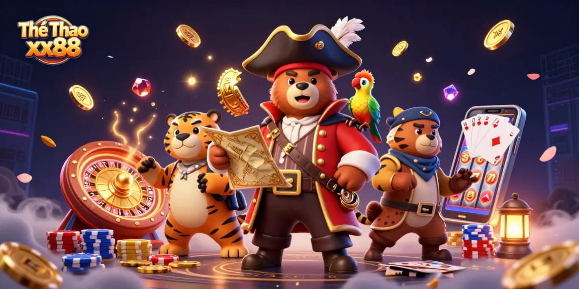Engage with Thể Thao xx88 through a dynamic 3D illustration of a pirate bear and tiger, depicting exciting gambling adventures.