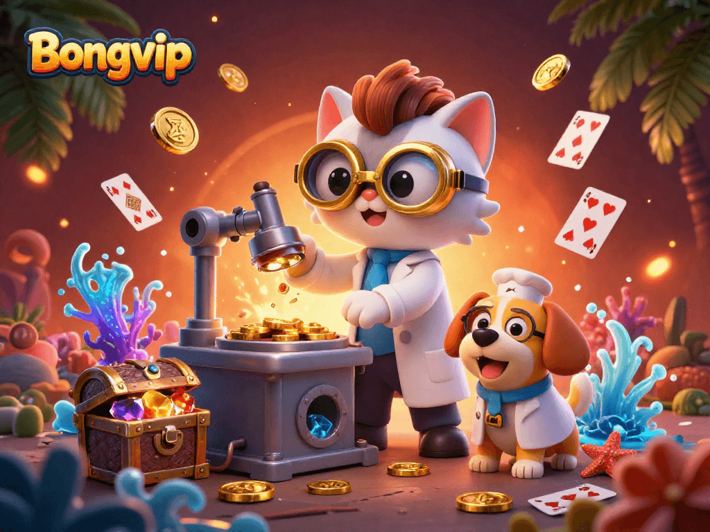 Bongvip offers an exciting scene with a mad scientist cat and loyal dog creating coin-replicating magic in a vivid casino environment.