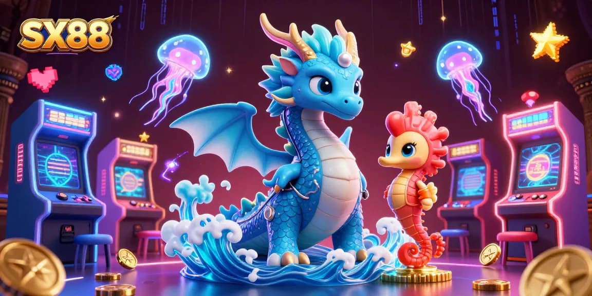 SX88 captures the excitement of gaming with a dragon, coral knight, and neon jellyfish in a vibrant casino environment.