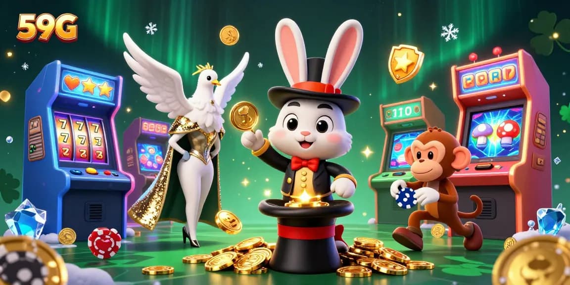 Experience the thrill of 59G with a magician rabbit, dove, and monkey in a vibrant casino scene.