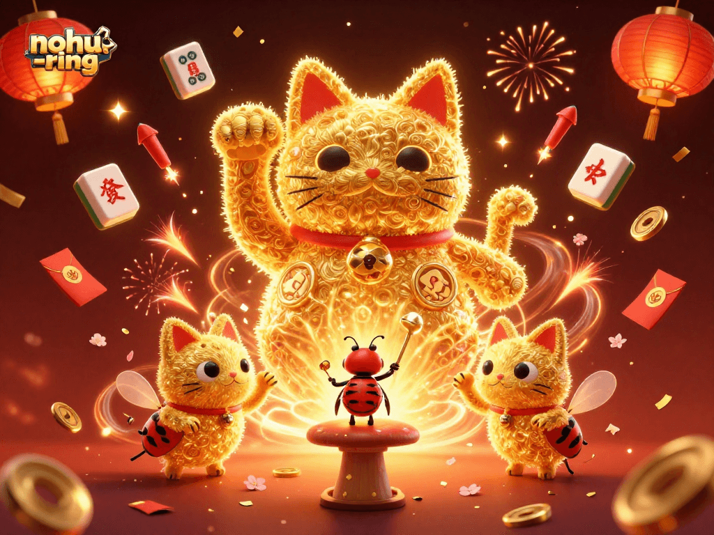 Engage with the vibrant nohu-ring world, where golden fireflies form lucky symbols in a dynamic casino scene.