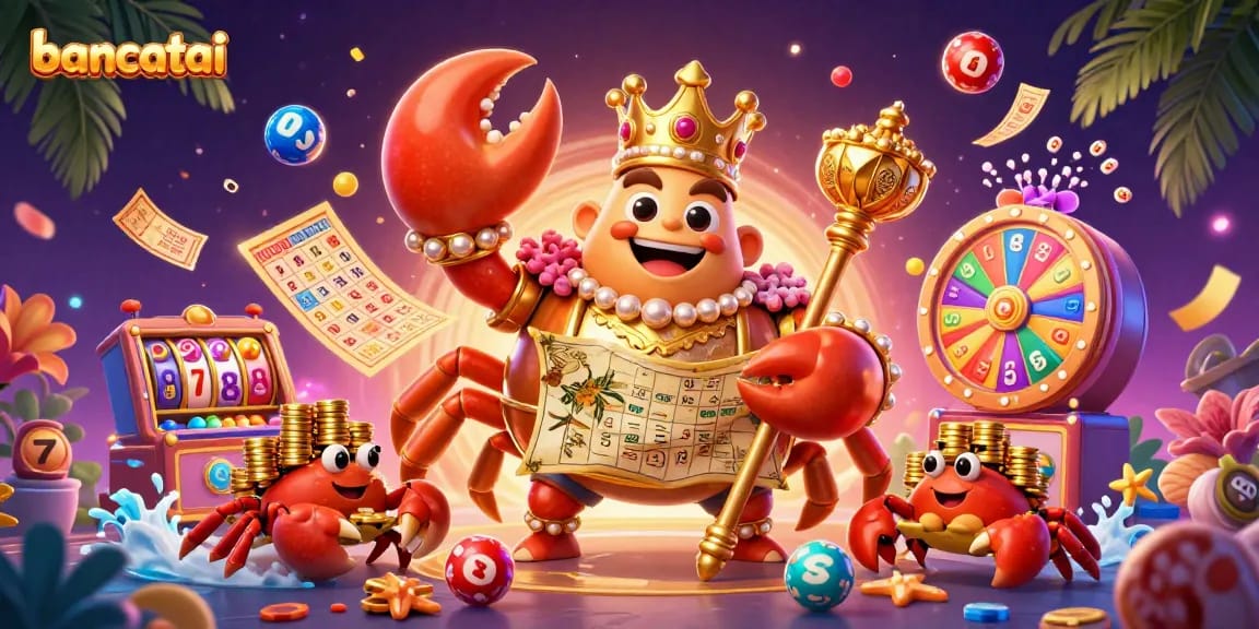 Experience thrilling action with bancatai's massive golden crab emperor amidst colorful lottery balls and vibrant prizes.