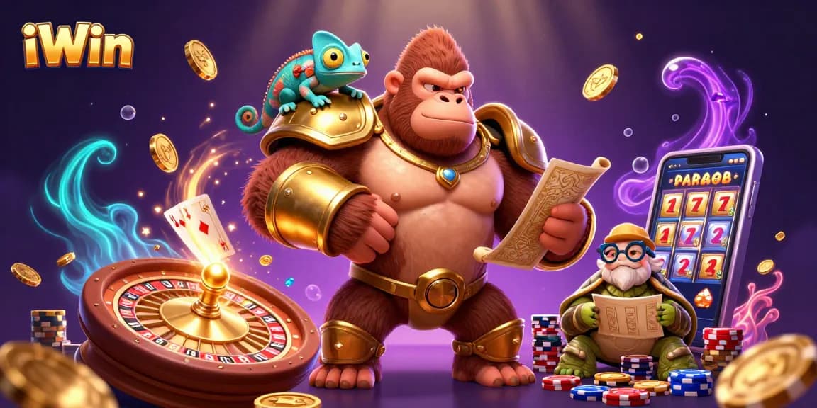 iWin slots illustrate vibrant gameplay with a cartoon king, chameleon, and tortoise surrounded by winning symbols.