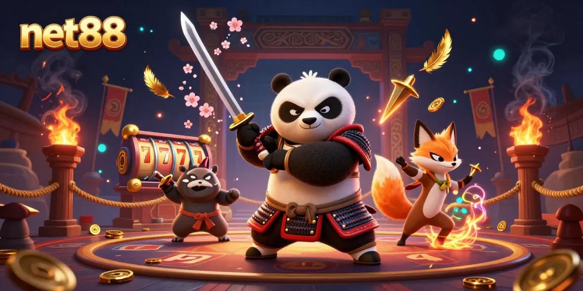 Experience thrilling gameplay at net88 as samurai panda and allies win big in a vibrant casino scene.