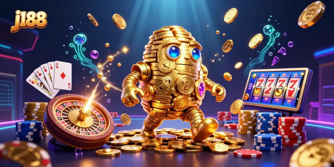 Spin into the action with j188's golden golem and casino games in a vibrant 3D scene.