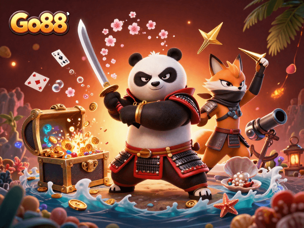 Engage in thrilling gameplay at Go88 with vivid samurai panda, ninja fox, and magical tanuki.