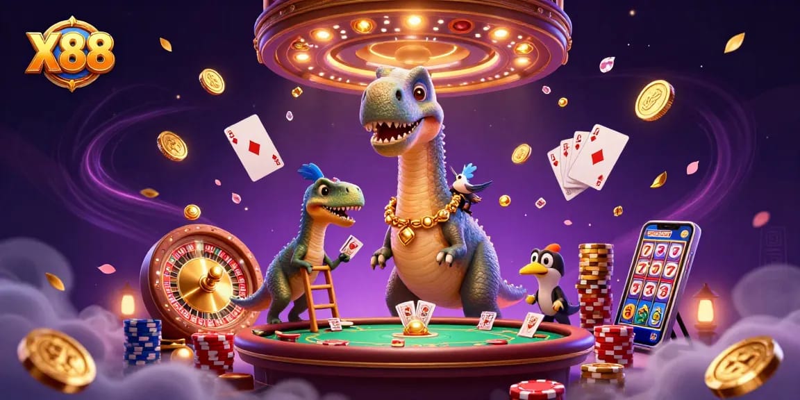 X88 entertains players with a captivating scene of a brontosaurus and raptor amidst dynamic gambling elements.