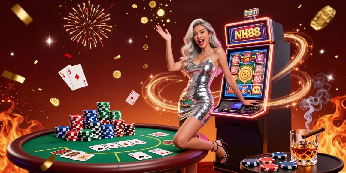 Experience the excitement of NH88 with vibrant slots and a celebratory atmosphere featuring an enchanting Asian woman.